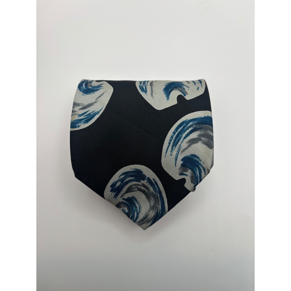 Handmade in Italy 100% Silk Abstract Shell Swirl Tie Black Blue Grey Mens Tie